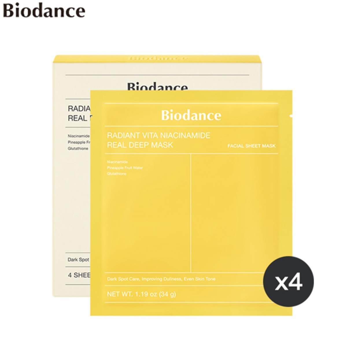 Masque BIODANCE Radiant Vita Niacinamide Real Deep, 1 boîte (4 unités)